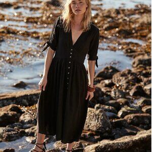 Free People love of my life midi dress black cotton gauzy button down v neck S